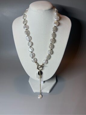 Cultured Coin Pearl Necklace with Silver Toggle and Lariat Drop